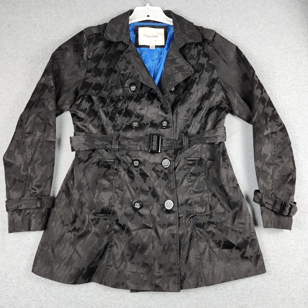 Maurices Trench Coat Womens XL Black Jacquard Lined Belted Waist Double Breasted
